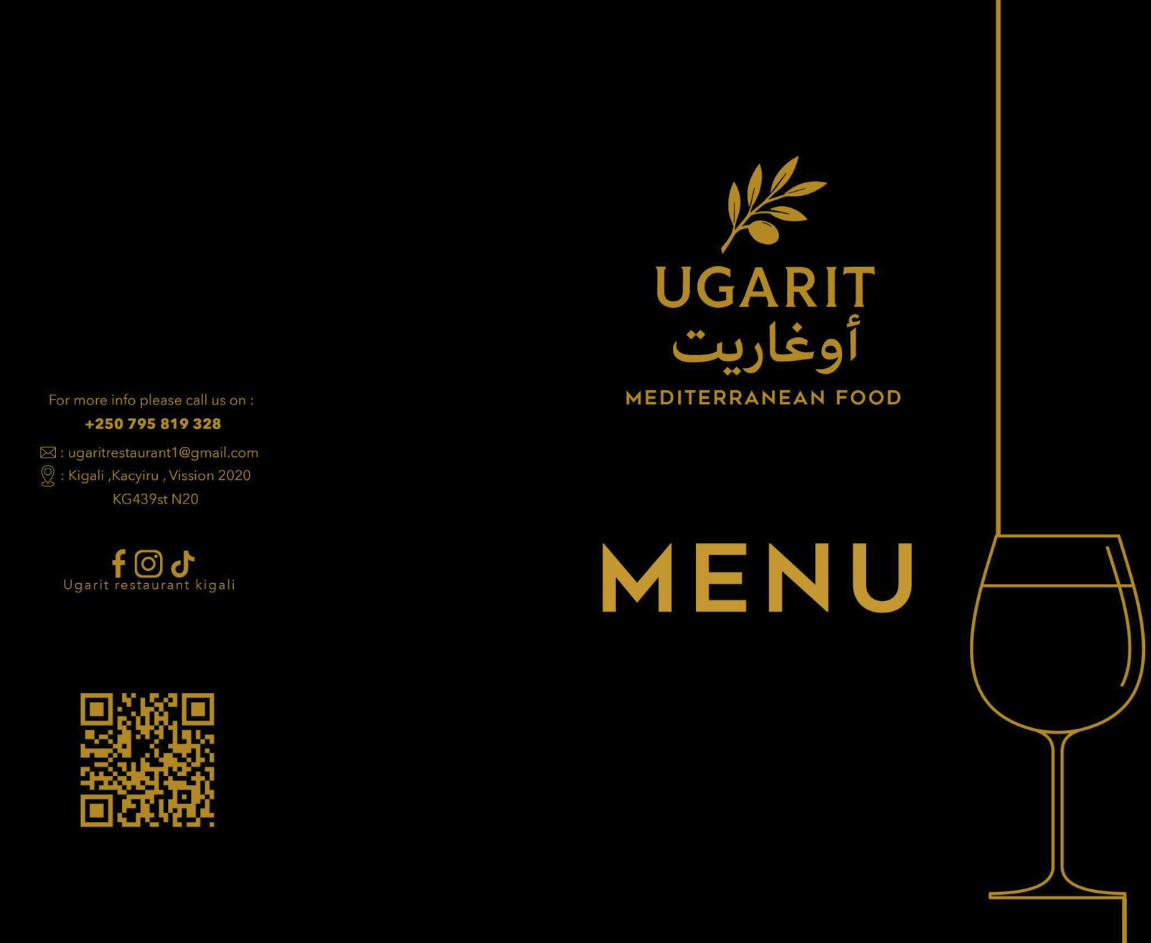 Ugarit menu cover with restaurant contact information and QR code
